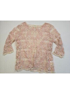 Bedford Fair Crochet Lace Tunic Blouse 1X  Pink Boho